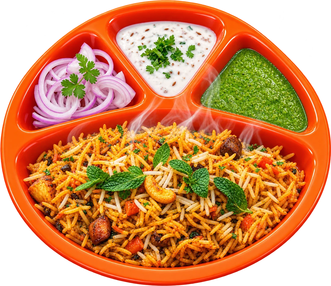 Veg biryani with cashews and raisins at Ganesham Minal Residency, a pure veg restaurant on Ayodhya Bypass Bhopal